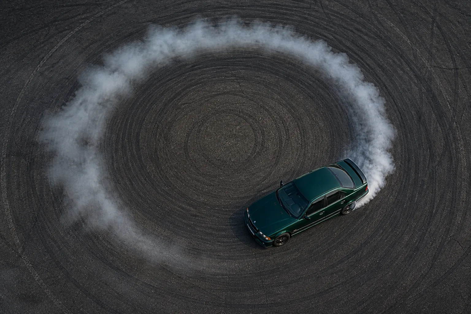 BMW на круговой траектории дрифта, вид строго сверху